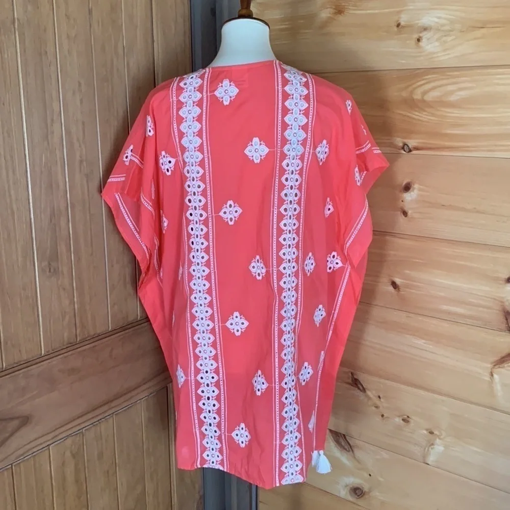 Time and Tru orange kimono / coverup with white embroidery & tassels Size S / M